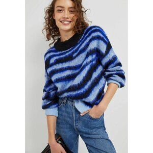 Anthropologie Salma Eyelash Sweater Blue Black Striped Fuzzy Pullover Size M